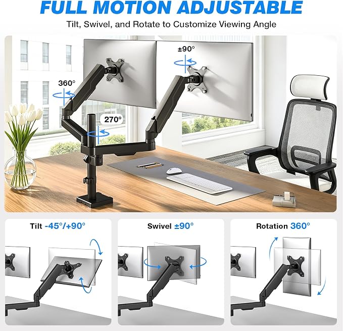 Rfiver Dual Monitor Stand Desk Mount for 17-34" Screens Holds up to 22lbs | Full Motion Height Adjustable, Tilt/Swivel, 360 Rotation VESA 75/100mm, Compatible C-clamp/Grommet Base Install - Image 2