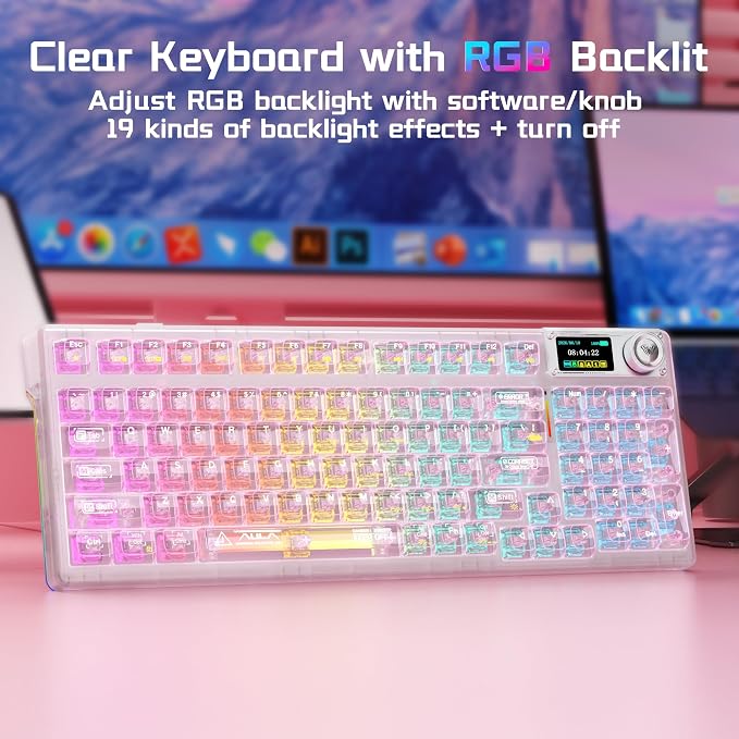 Aula F98Pro V3 Wireless Mechanical Gaming Clear Keyboard with Screen & Knob | Triple-Mode Hot Swappable, Gasket Mount Linear Switches, Clear Keycaps RGB Backlit, TFT Screen 10000mAh Battery for PC/Office - Image 5