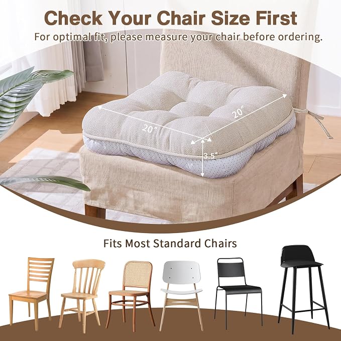 BETU Chair Cushions for Dining Chairs,3.5" Thick Kitchen Table Chair Pads with Ties,Non Slip Backing and Covers,Seat Cushion for Dining Room,Bar,Patio Chairs,20"X20"X3.5" - Image 4