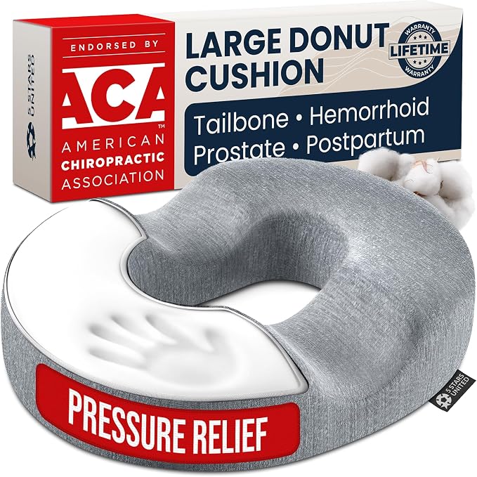 5 STARS UNITED Donut Pillow for Tailbone Pain & Hemorrhoids – Large Memory Foam Seat Cushion for Bed Sore-Prone Areas & Pressure Relief – Prostate, Postpartum & Pregnancy Support, Gray Cotton Cover by 5STARSUNITED