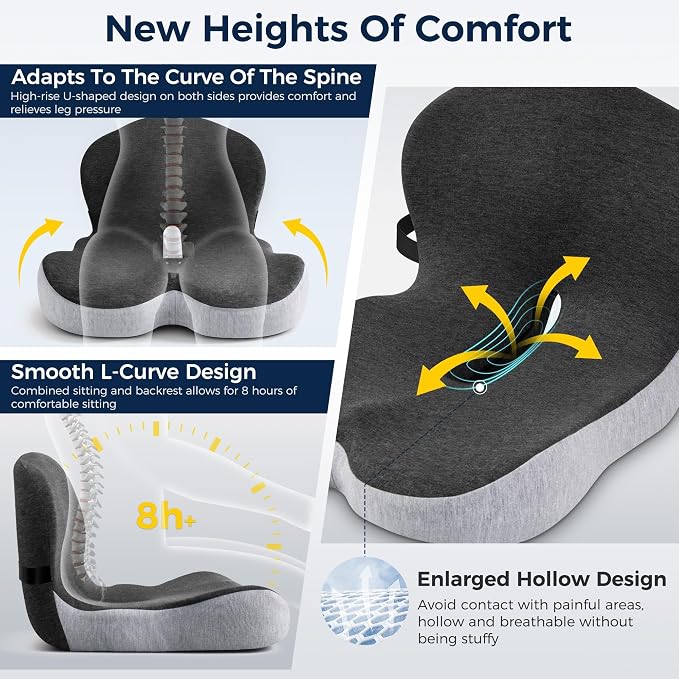 Seat Cushion, Office Chair Cushions for Tailbone Relief, Seat Cushions for Office Chair with L-Shaped Ergonomic Design & Adjustable Strap, Memory Foam Chair Cushion for Long Sitting (Black Gray) - Image 7