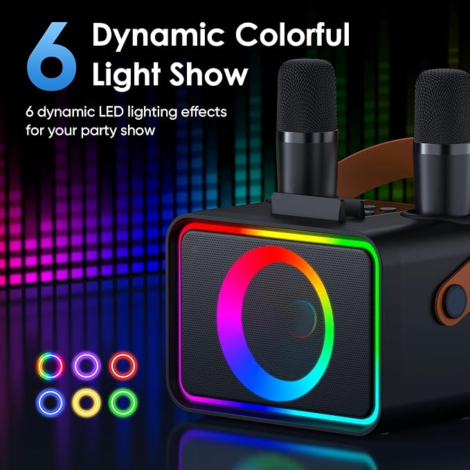 Karaoke Machine for Kids Adults,Portable Bluetooth Speaker with 2 Wireless Microphone with LED Lights, Karaoke Microphone with PA System Supports USB/TF/AUX,Gift for Party (Black) - Image 4