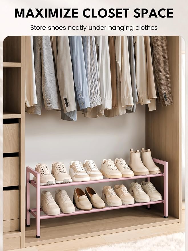 Bumusty 2 Tier Expandable Shoe Rack for Closet, Pink | 18"-33" Adjustable Shoe Rack for Entryway, Small Shoe Organizer for Dorm, Front Door, Sturdy Metal - Image 4