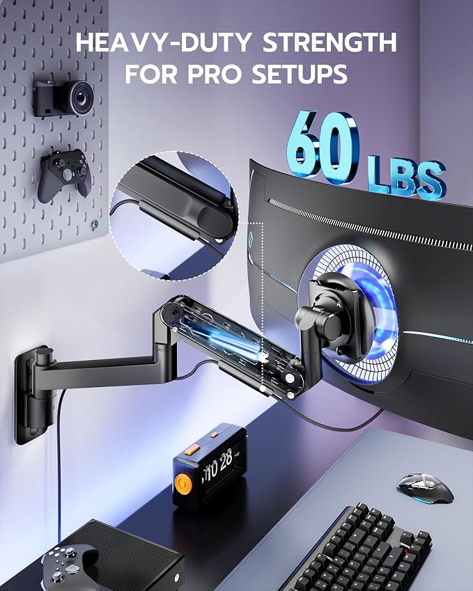 ARES WING Monitor Wall Mount for 24-57 Inch Ultrawide Screen, Black | Premium Heavy Duty Gaming Monitor Arm for 60 lbs, Full Motion Gas Spring, Bearing Head for Easy Adjustment, 75/100 VESA Mount - Image 3
