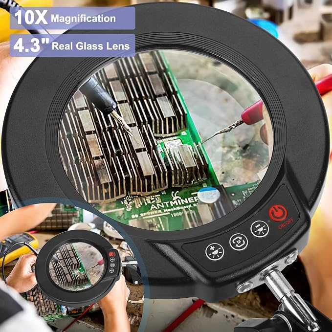 10X Magnifying Glass with Light and Clamp, Real Glass Stand Lighted Magnifier, 2*16 Arm 5 Color Modes Stepless Dimmable LED Desk Lamp Hands Free for Craft Hobby Reading Painting Close Work Large Black - Image 2