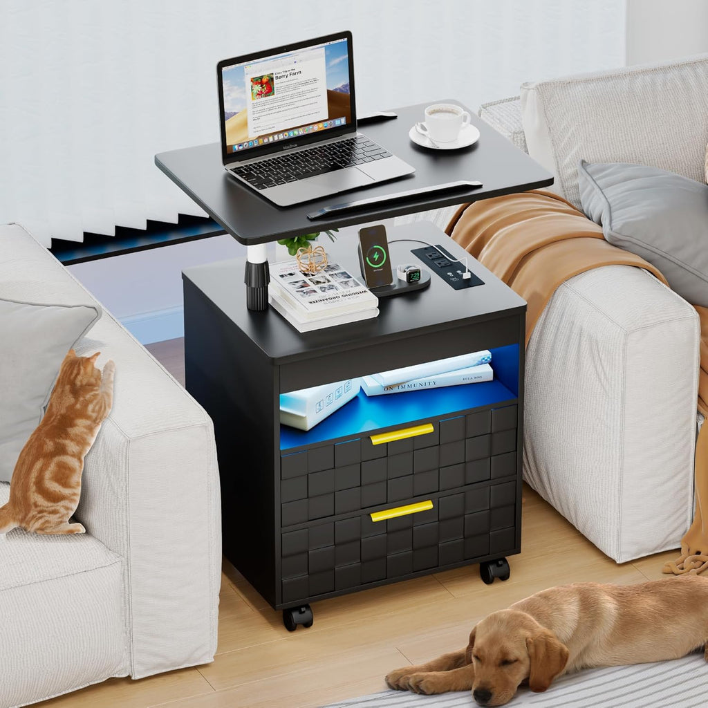 Rolling Nightstand with Wheels, LED Lights, Charging Station - Image 7