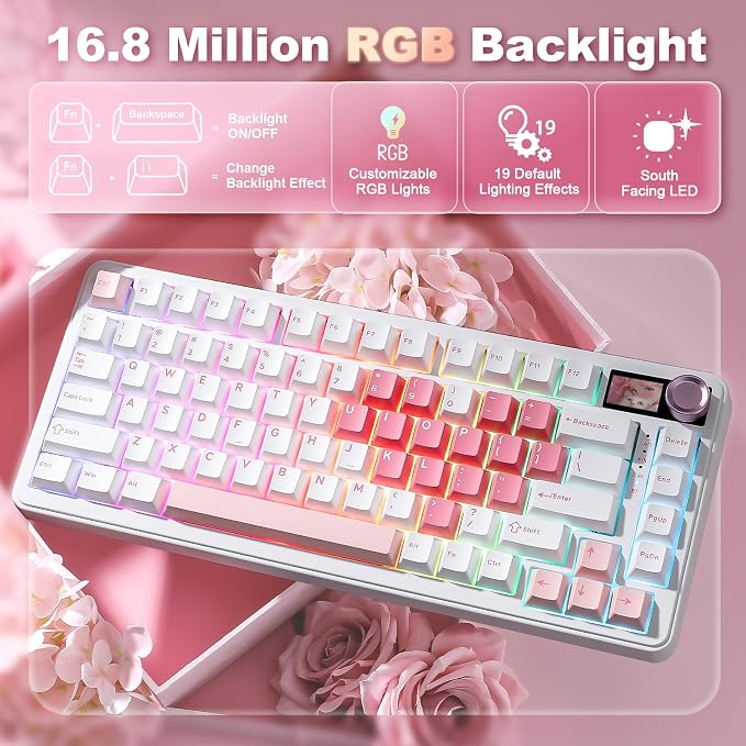 YUNZII B75 PRO MAX 75% Mechanical Keyboard (White Heart,Candy Switch) | QMK/VIA, Wireless Keyboard with Screen and Knob, Custom Hot Swap, Gasket Mount, Creamy Switches, RGB for Gaming/Win/Mac - Image 7