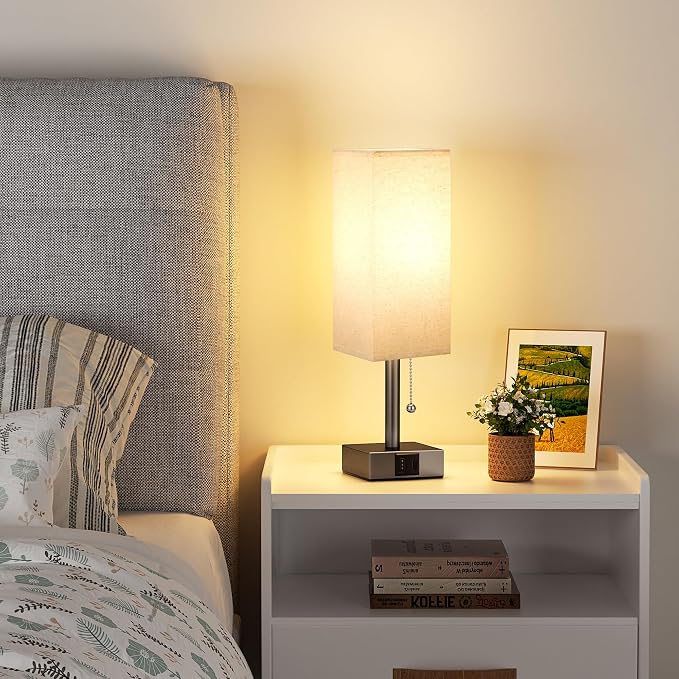 Brown Bedside Table Lamp for Bedroom - Desk Lamp For Nightstand, USB C+A | Pull Chain Lamp, 3 Color Modes(3000K/4000K/5000K), E26 LED Bulb Included, Square Brown Fabric Lampshade, for Read, Work, Dorm - Image 5