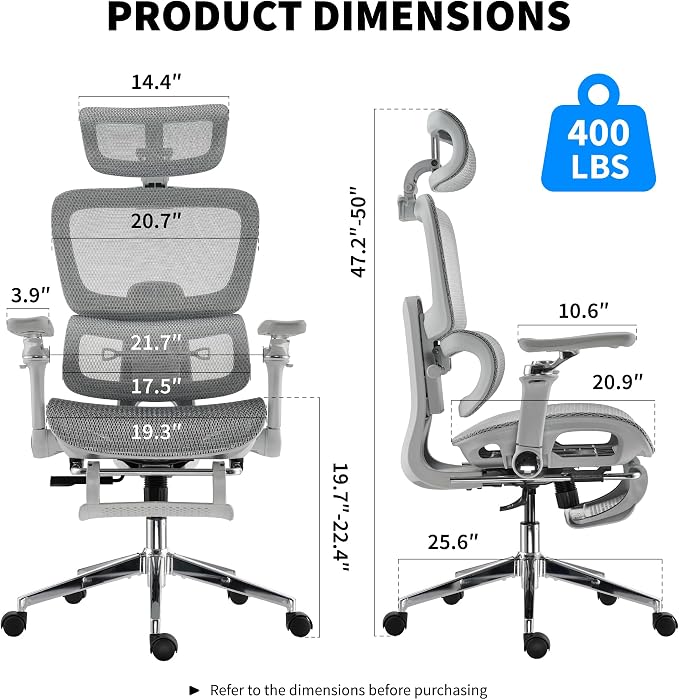 Mesh Ergonomic Office Chair with Footrest, Grey | 6D Armrests High Back Mesh Gaming Chair with Lumbar Support,Adjustable 3D Headrest for Home Office Desk Chair - Image 2