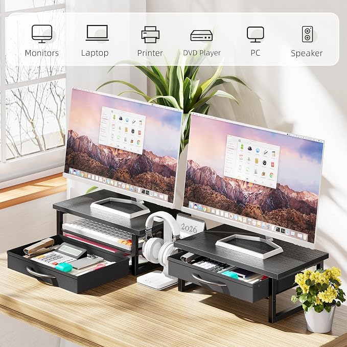 Ekisemio 2-Tier Monitor Stand with Fabric Drawer – Wood and Metal Computer Riser, Desk Organizer for Office, Black - Image 6