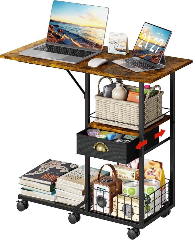 Rolling Coffee Table with Oversized Double-Wide Wood Top, Mobile Tv Tray with Storage Drawer and Wheels for Sofa, Portable Side Table for Living Room, Home Office, Spacious Desk for Working Studying by Sonyabecca