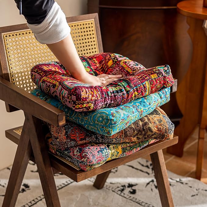 vctops Boho Chair Cushions with Ties Patchwork U-Shaped Soft Cozy Cotton Linen Chair Pads Non Slip Seat Cushions for Indoor Dining Room and Kitchen Chairs (Pink B,18"x18") - Image 7