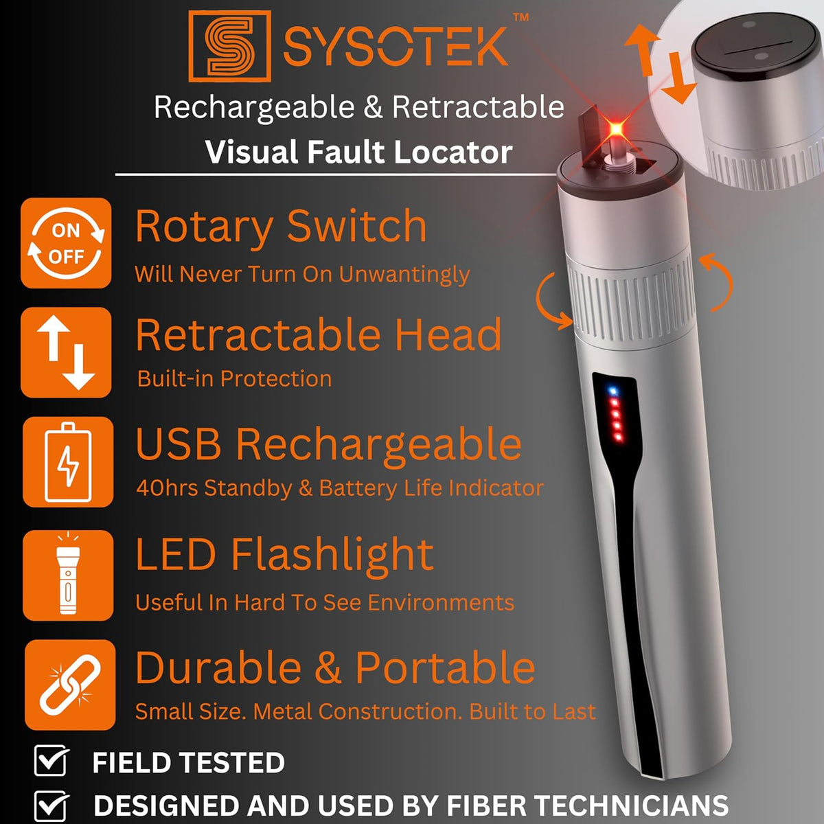 Visual Fault Locator - Rechargeable Red Light VFL Fiber Optic Tool kit - Retractable Head fits SC FC ST - Visible Red Light Source - Network Cable Tester - with Protective Case and LC Adapter - Image 6