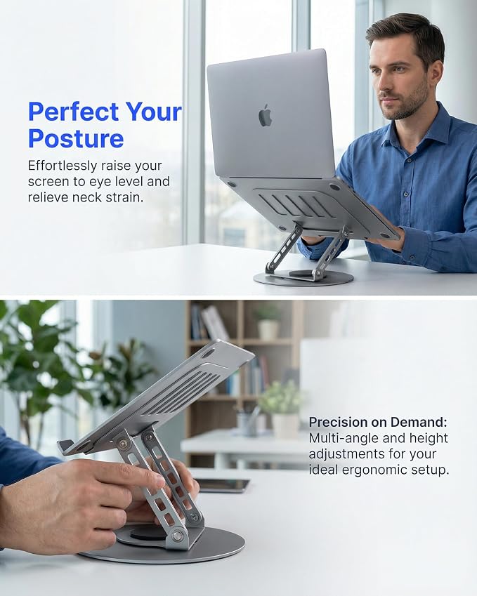 Compatible 360° Rotating Adjustable Laptop Stand, Fully Foldable Dual Rotary Shaft Laptop Riser Portable Standing Desk, Fits MacBook & All 10-15 Inch Laptops - Grey - Image 6