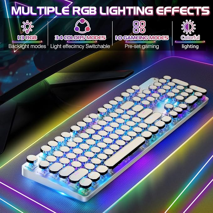YSCP Typewriter Style Mechanical Gaming Keyboard RGB Backlit Wired with Blue Switch Retro Round Keycap 104 Keys Keyboard (R-White) - Image 3