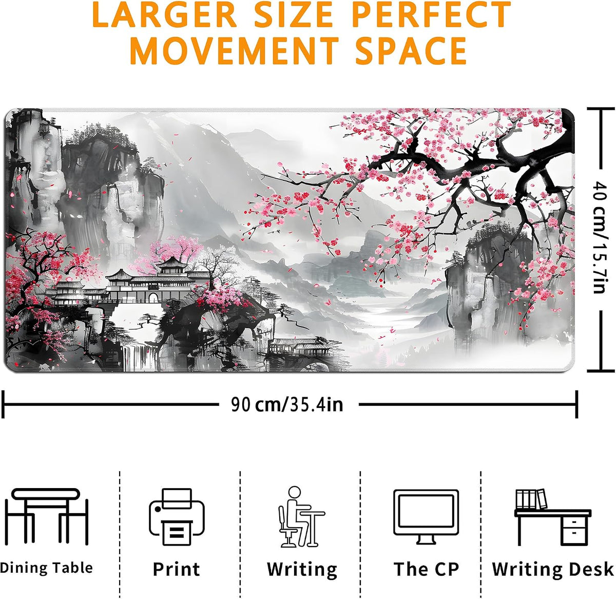 Japanese Cherry Blossom Mouse Pad,XXL 35.4"x15.7" Big Gaming Mousepad,Sakura Large Extended Mouse Mat,Non-Slip Rubber Base Waterproof with Stitched Edges for Gaming Office Home - Image 3