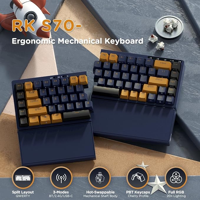 RK ROYAL KLUDGE S70 Ergonomic Split Keyboard, Tactile Brown Switch Black | Wireless RGB Mechanical Keyboard with Bluetooth/2.4G/Wired, 75% Hot Swappable Gaming w/Fixed Wrist Rest, PBT Keycaps, Win/Mac - Image 2