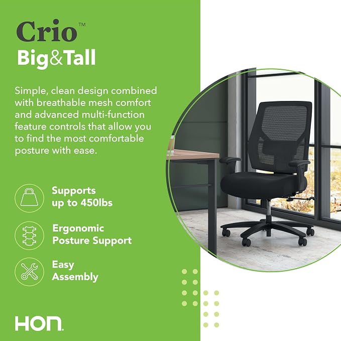 HON Crio Big and Tall Ergonomic Office Chair, Heavy Duty Desk Chair, Black | Big and tall ergonomic office desk chair for desk work, lumbar support, adjustable arms, mesh comfort, 450 lb capacity - Image 3