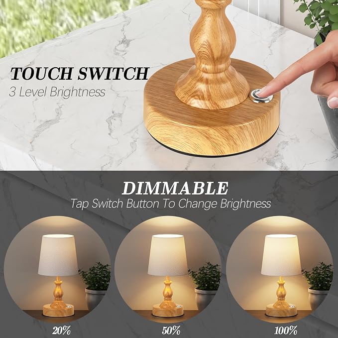 Mini Cordless LED Table Lamp, 5200mAh Rechargeable Battery Operated Lamp, 3-Level Brightness, Touch Dimmable Desk Lamp, Bedside Night Light for Patio Camping Restaurant Home, Wood Grain - Image 2