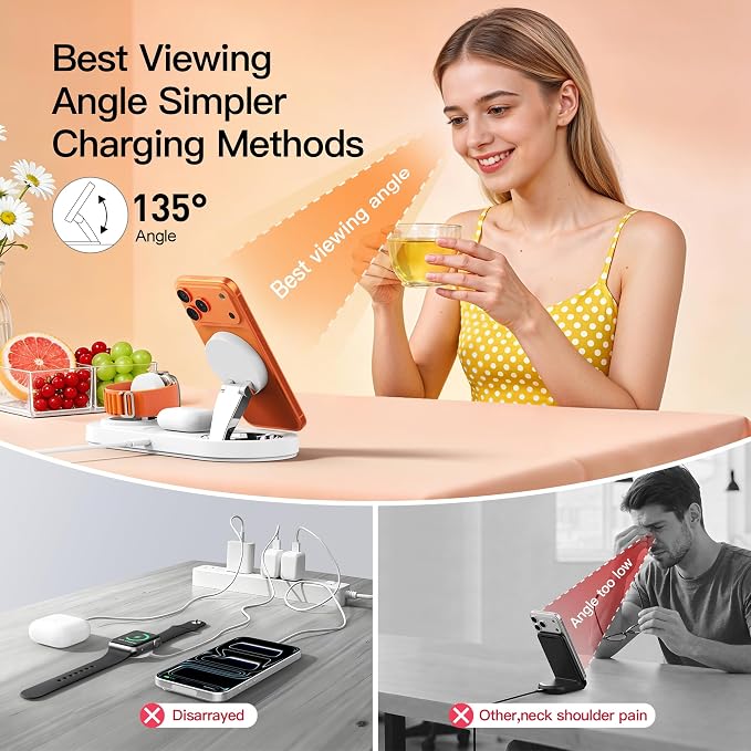 【Travel• Metal Bracket】 Magnetic 3 in 1 Wireless Charging Station,for iPhone17-12,Fast 5W Charger for Apple Watch AirPods,Foldable Stand MagSafe Charger Dock for Nightstand Desk Travel - Image 5