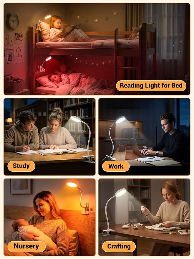 Clip on Lamp,10 RGB Colors+10 Brightness Bright Desk Lamp with Clamp Light | 500 Lumen Eye Care 72 LED Desk Light with USB Adapter,Clip on Reading Light for Bed/Headboard/Bedside Table/Bedroom/Dorm Lamp - Image 6