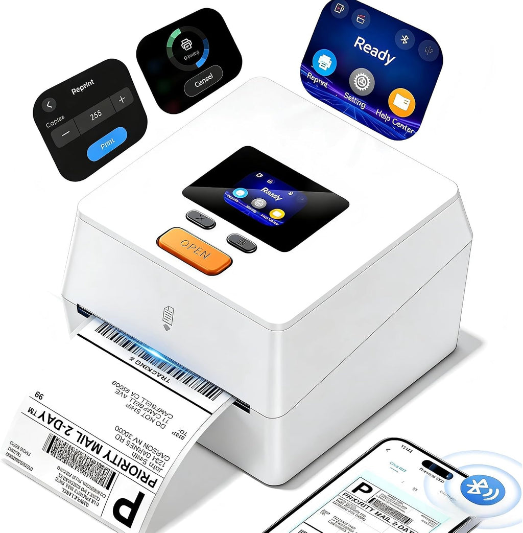 Phomemo Thermal Label Printer with Touchable Screen, 4x6 Bluetooth Shipping Label Printer with Built-in Label Holder, D420D White Thermal Printers for Small Business, Compatible with USPS, Tiktok by Phomemo