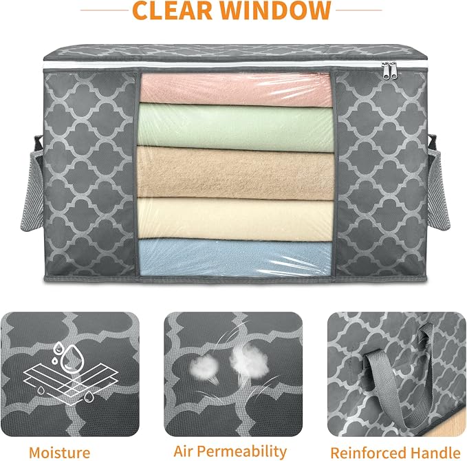 90L Large Storage Bags, 6 Pack Clothes Storage Bins Closet Organizers | Foldable Storage Containers, with Reinforced Handle, for Clothing, Blanket, Comforters, Bed Sheets, Pillows and Toys - Image 4