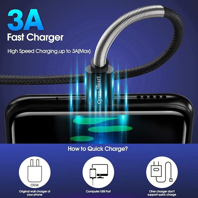 [5Pack 1ft] Compatible with Samsung Galaxy S9 S10 S8 Plus Charger Cord(3A Fast Charging), TPE USB C Type Charger Cable,USB A to Type C Replacement for Samsung A32/A12/A10e/A20/A51 20/9/8,LG-Black - Image 3