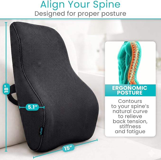 Vive Full Lumbar Cushion - Memory Foam Contour Support for Lower Back Pain | Ergonomic Pressure Relief for Office Chair, Car - Large Mesh Orthopedic Seat Backrest Roll for Improving Posture (Black) - Image 3