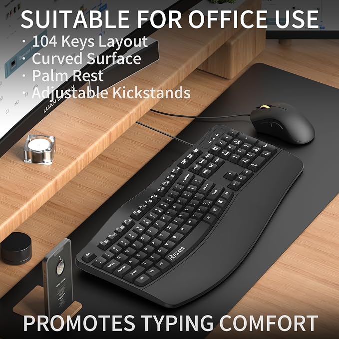 RECCAZR Ergonomic Keyboard, Wired Computer USB Keyboard with Wrist Rest | Spill-Resistant, Wave Keys for Natural Typing, Compatible with Windows/PC/Laptop(Black) - Image 2