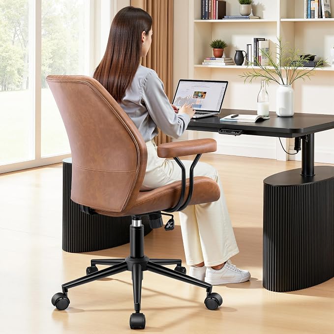 HeroSet Leather Office Chair with Removable Armrests, Mid Back Ergonomic Desk Chair with Lumbar Support, Adjustable Height Rocking Swivel Executive Chair for Home Office, Brown - Image 7