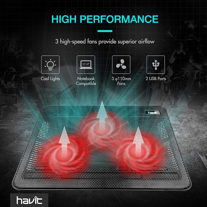havit HV-F2056 Laptop Cooling Pad for 15.6-17 Inch Laptops, Black | Three quiet USB-powered fans circulate air below the laptop, two height settings improve viewing and typing comfort - Image 7