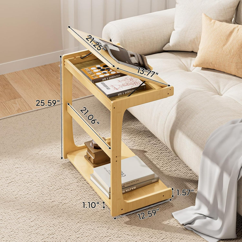 C Shaped Side Table, Rolling Bamboo End Table with Adjustable Tilt Top & Storage Shelf, Small Couch Table with Wheels for Living Room, Bedroom, Natural - Image 2