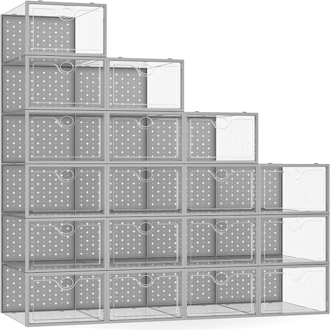 Pinkpum 18 Pack X-Large Shoe Storage Boxes Grey Shoe Organizer | Clear Plastic Stackable, Fit US Size 11, 6.2” Height, Shoe Dispaly Case Holder Bins Sneaker Storage for Sneakerheads by Pinkpum