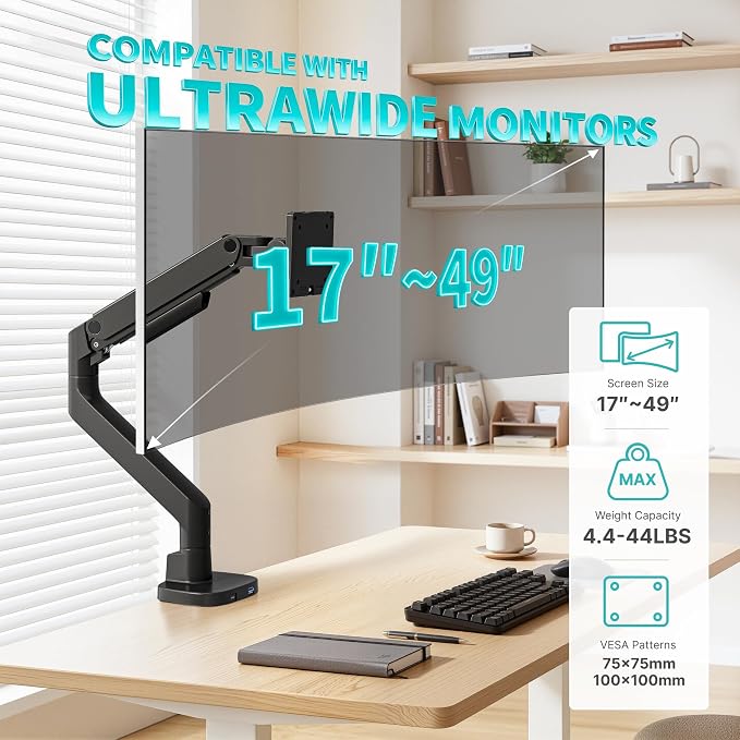 Heavy Duty Single Monitor Arm for 17-49 Inch,Holds 44 lbs with USB, Black | Ultrawide Monitor Mount, Adjustable Gaming Desk Mount for 75/100 Vesa Mount - Image 2