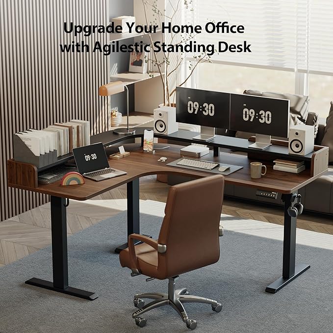 Agilestic L Shaped Standing Desk with Monitor Shelf, 63 Inch, Dark Walnut | Electric Height Adjustable, Dual Monitor Setup, Spacious Corner Desktop, Sturdy Steel Frame, Memory Presets, 264 lbs - Image 3