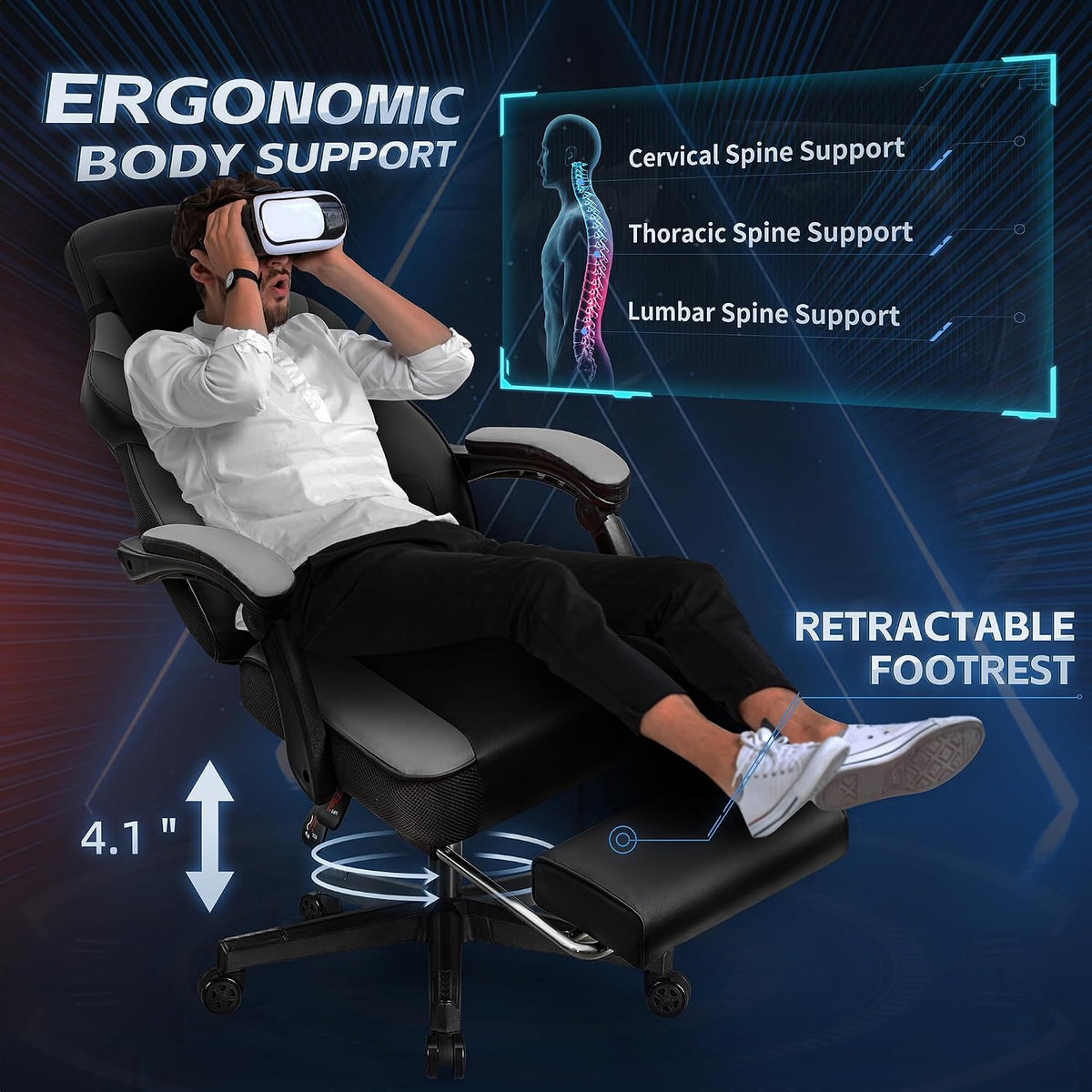 Big and Tall Gaming Chair, Footrest and Massage Lumbar Support, Grey - Image 4
