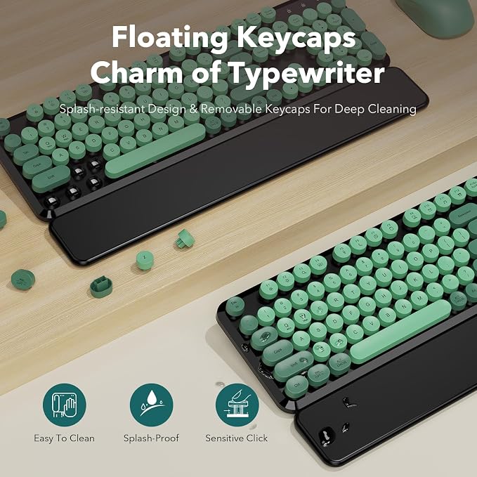 Wireless Keyboard and Mouse Combo, Round Keycaps, Full-Size Retro Typewriter Keyboard with Magnetic Wrist Rest, Tilt Legs, 2.4GHz Cordless for Mac, Windows PC, Laptop, SABLUTE CK23, Black & Green | Full-Size Retro Typewriter-Style Keyboard, Tilt Legs, ... - Image 4