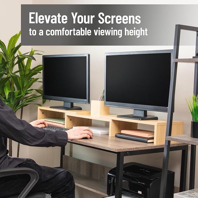 Mind Reader Dual Monitor Stand, Desktop Organizer, Laptop Riser, Office, MDF, 51.25"L x 9.25"W x 4.75"H, Brown - Image 2