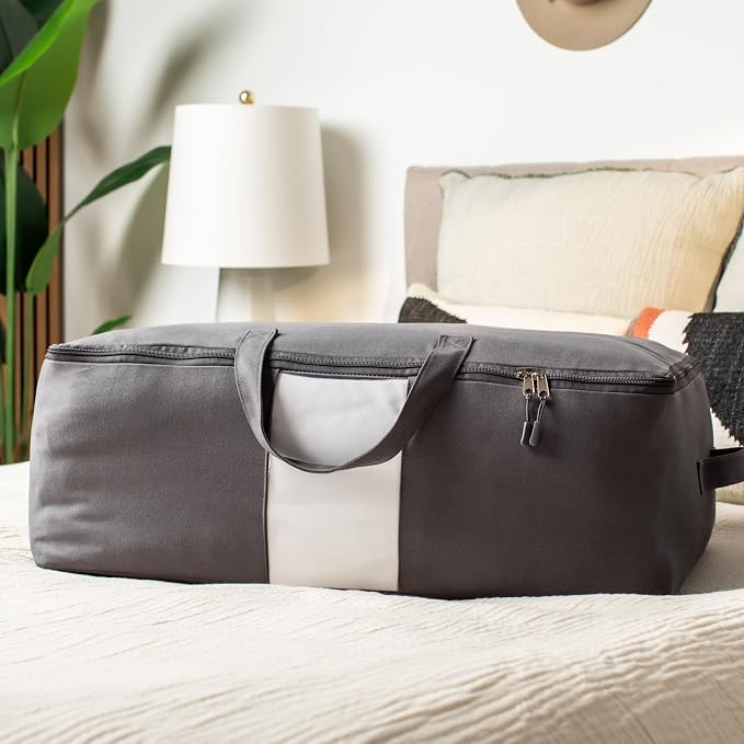 Soft Canvas Storage Bags with Zipper. Thick Breathable, 1pc King/Queen Comforter Organizer. Four Carrying Handles and Window. Large 25x19x9in Bag for Sheets Blankets Bedding Pillows, Clothes (Grey) - Image 2