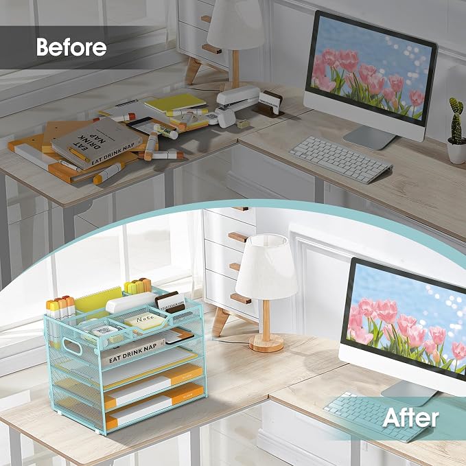 5 Tier Paper Letter Tray Desk Organizer with Pen Holders - Blue | Features 3 pen holders and 4 removable dividers.Versatile mesh desktop storage for mail, document,office supplie - Image 5