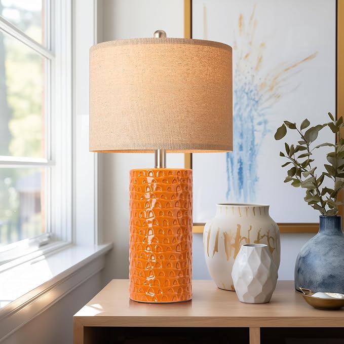 23" Modern Ceramic Table Lamp Set of 2, Table Lamps for Living Room, Rustic Farmhouse Bedside Lamps Nightstand lamp for Bedroom, Desk Lamp for End Table Home Decor Orange - Image 6