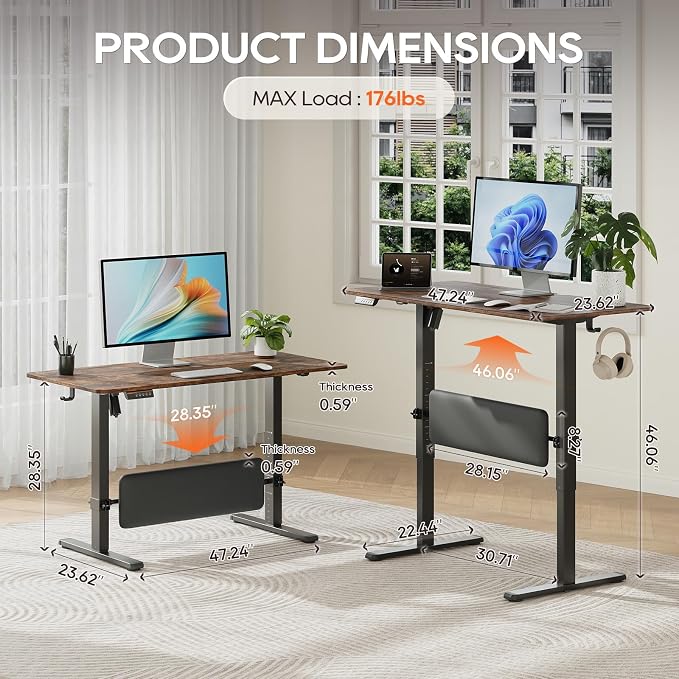 47" x 24" Electric Standing Desk with Adjustable Footrest, Rustic Brown | Height Adjustable Computer Home Office Gaming Desk with 3 Memory Presets & Child Lock, Adjustable Feet, Cable Management - Image 2
