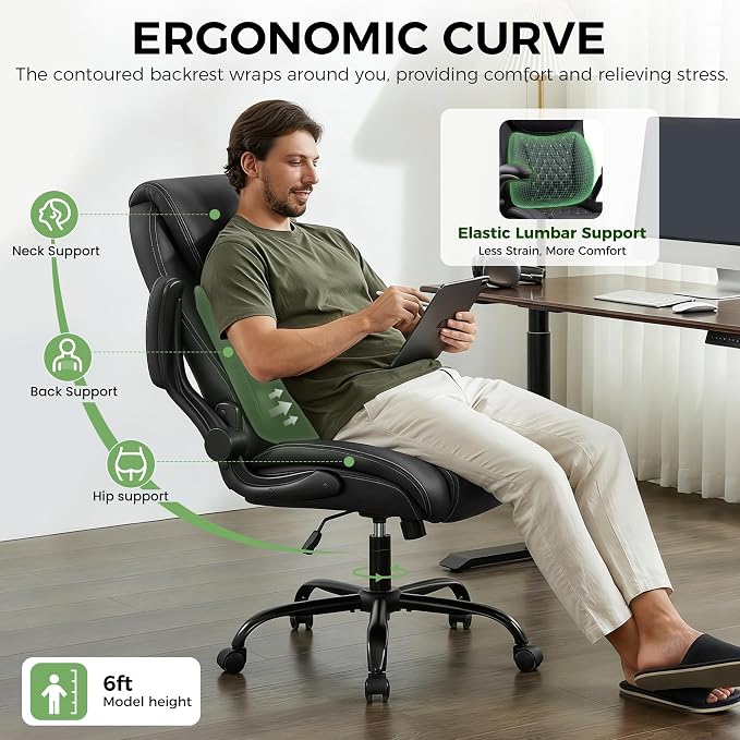 Office Chair, Ergonomic Executive Desk Chair with Lumbar Support for Lower Back Pain Relief, Padded Flip-Up Armrests, Leather Home Office Chair, Black - Image 3