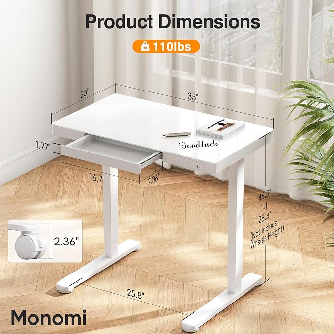 Monomi 35x20" Glass Electric Standing Desk with Drawer and Wheels, White - Image 2