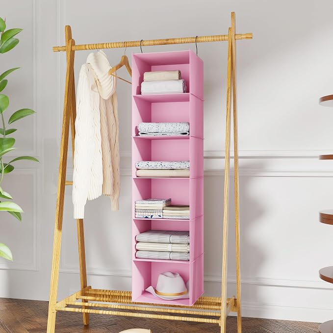 Hanging Closet Organizer 6-Shelf, Oxford Fabric Wardrobe Storage, Pink | Easy-mount foldable design holds clothes, handbags, shoes & accessories; washable Oxford fabric, sturdy and space-saving. - Image 2
