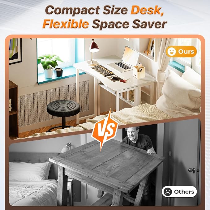 Huuger Folding Desk with Storage Shelf, 31.5 Inch Foldable Computer Table | Writing Work Office Computer Desk for Small Spaces, Space Saving Sofa Table for Couch, Easy to Fold, White - Image 3