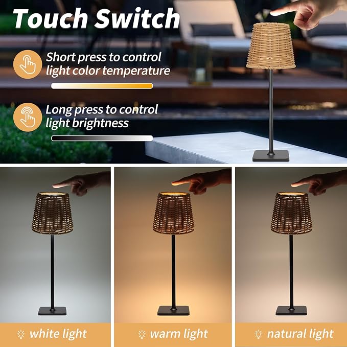 Mr. White Outdoor Waterproof Cordless Wireless Rechargeable Portable Top Touch Battery Operated Powered LED Table Lamp Desk Lamp Lights for Restaurant Kitchen Patio Dinner Dining (Black) - Image 3