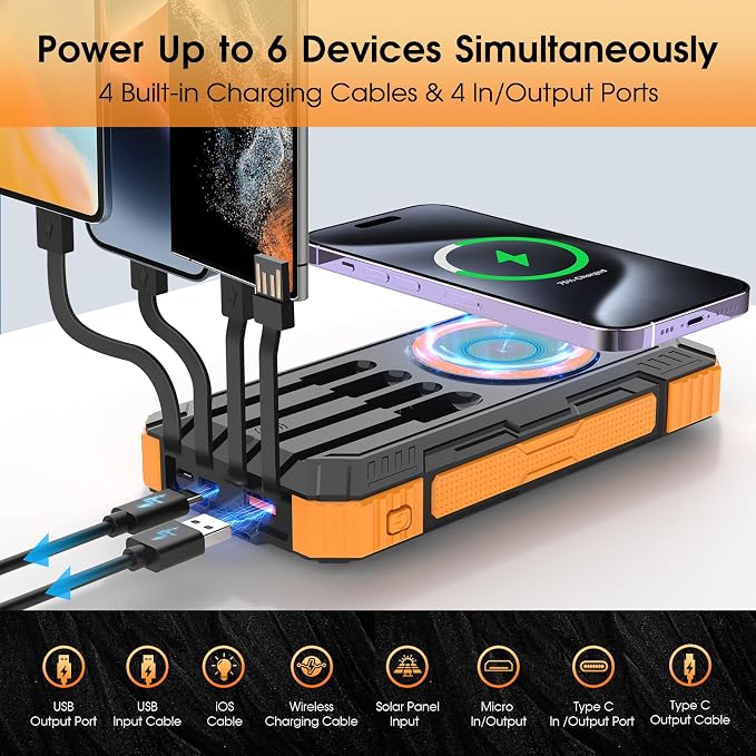 Solar Power Bank,49800mAh Wireless Portable Phone Charger with Built-in 4 Cables,22.5W Fast Charging External Battery Pack PD 3.0 USB-C In/Output for iPhone,iPad,Android,Perfect for Camping, Hiking - Image 4