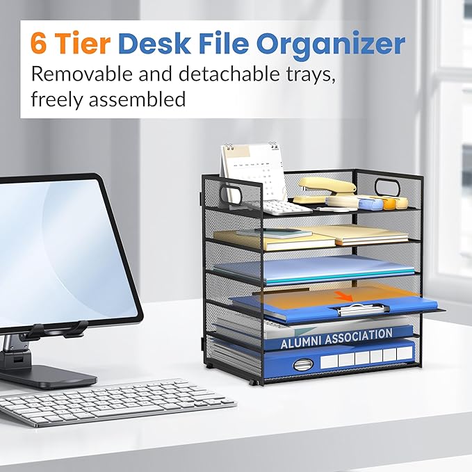 Daltack 6-Tier Paper Organizer for Desk with Handle, Black, 2 Pack | Sturdy Metal Mesh Organizer with Movable Middle Trays and a Carry Handle for Papers, Folders and Office Supplies - Image 5